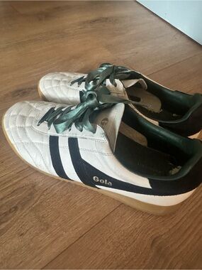 Gola White Sneakers with Black Stripes and Green Shoe Laces